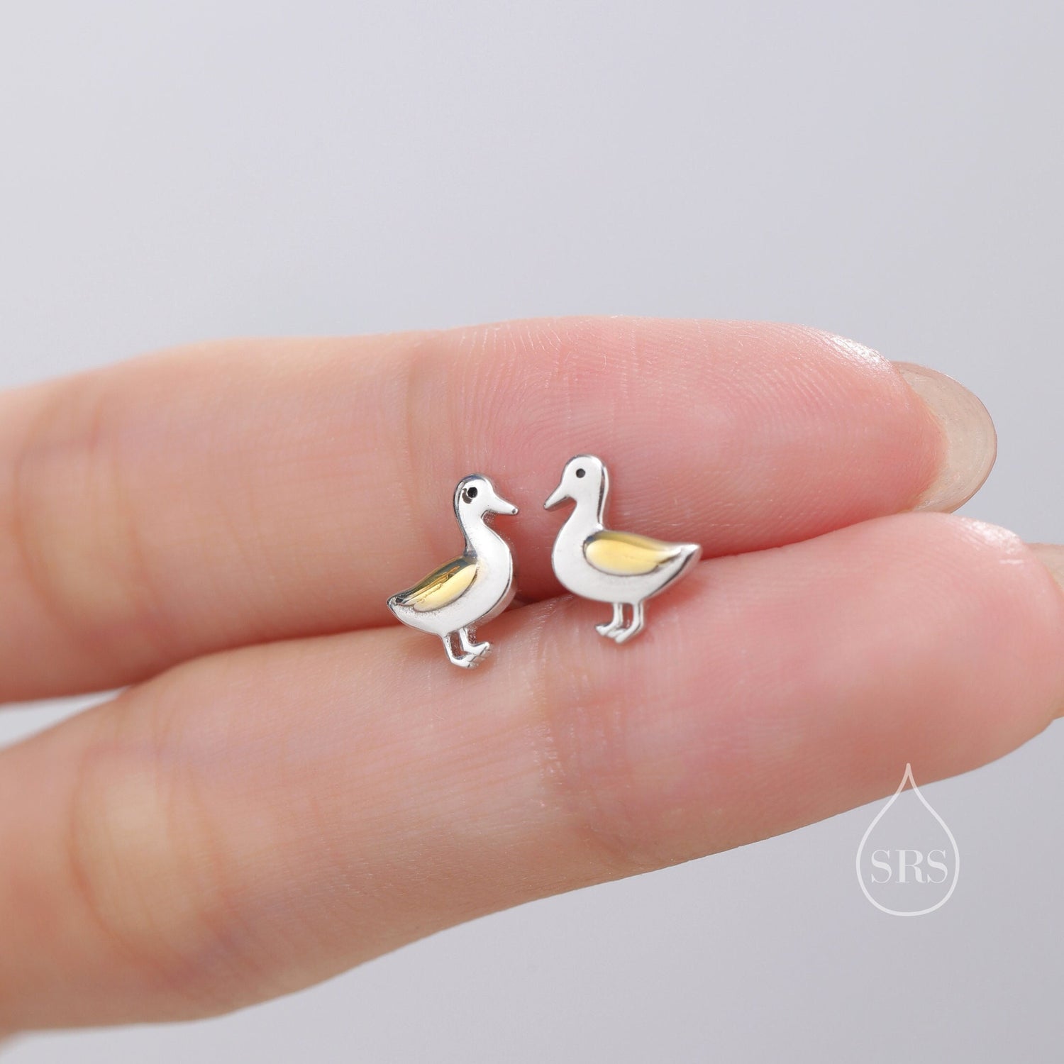 Cute Duck Stud Earrings in Sterling Silver, Bird Earrings, Two Tone Duck Earrings, Cute Duck Earrings