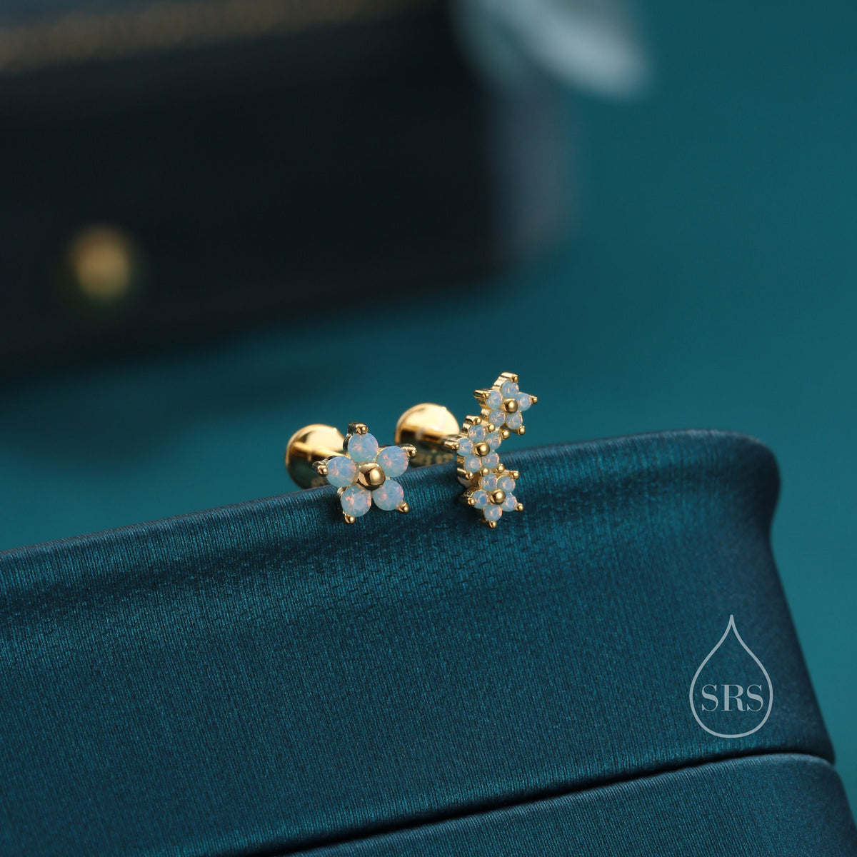 Internally Threaded Asymmetric Forget Me Not Flower Bouquet Flat Back Earrings in Sterling Silver, Opal Blue CZ, Silver, Gold or Rose Gold,