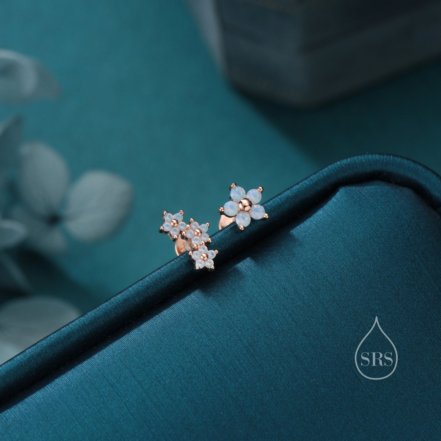 Internally Threaded Asymmetric Forget Me Not Flower Bouquet Flat Back Earrings in Sterling Silver, Opal Blue CZ, Silver, Gold or Rose Gold,