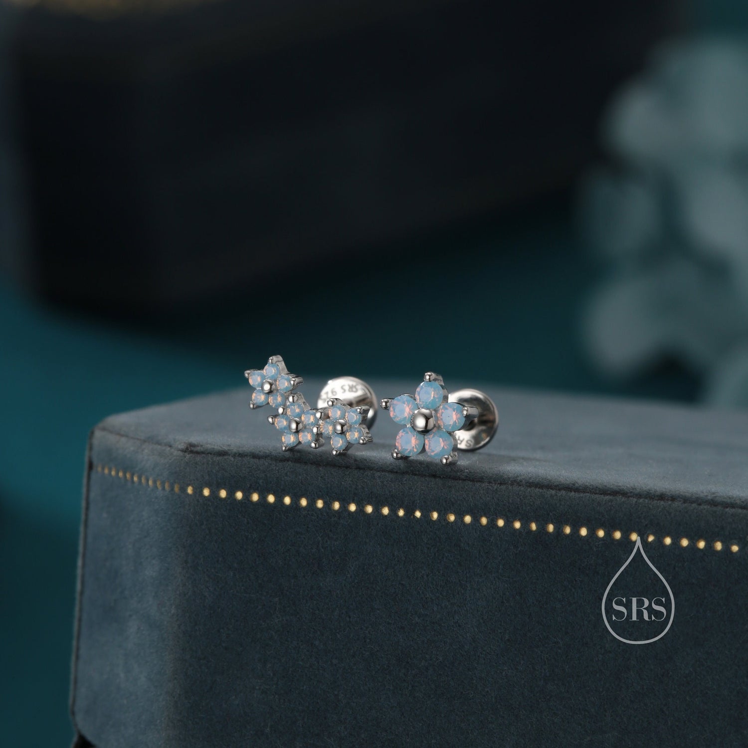 Asymmetric Forget Me Not Flower Bouquet Opal Blue CZ 16G Internally Threaded Flat Back Earrings in Sterling Silver