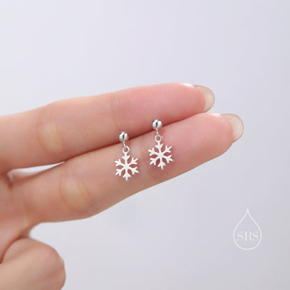 Minimalist Snowflake Dangle Stud  Earrings in Sterling Silver, Silver, Gold or Rose Gold, Delicate Snowflake Earrings, Snow Earrings