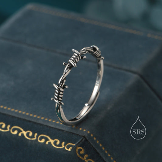 Barbed Wire Ring in Sterling Silver Oxidised Finish, Adjustable Size, Thorn Ring, Silver Thorn Ring