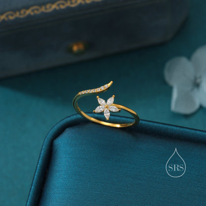 CZ Flower Open Ring in Sterling Silver, Silver or Gold, Adjustable, Forget-me-not, Minimalist CZ Ring