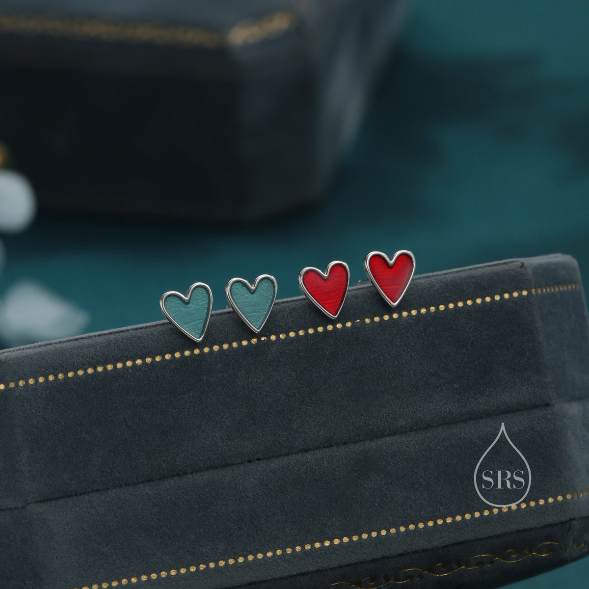 Aqua Blue Enamel Glaze Heart Stud Earrings in Sterling Silver, Delicate Heart Earrings, Tiny Heart Earrings
