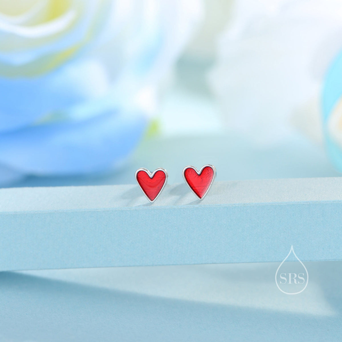 Red Enamel Glaze Heart Stud Earrings in Sterling Silver, Delicate Heart Earrings, Tiny Heart Earrings