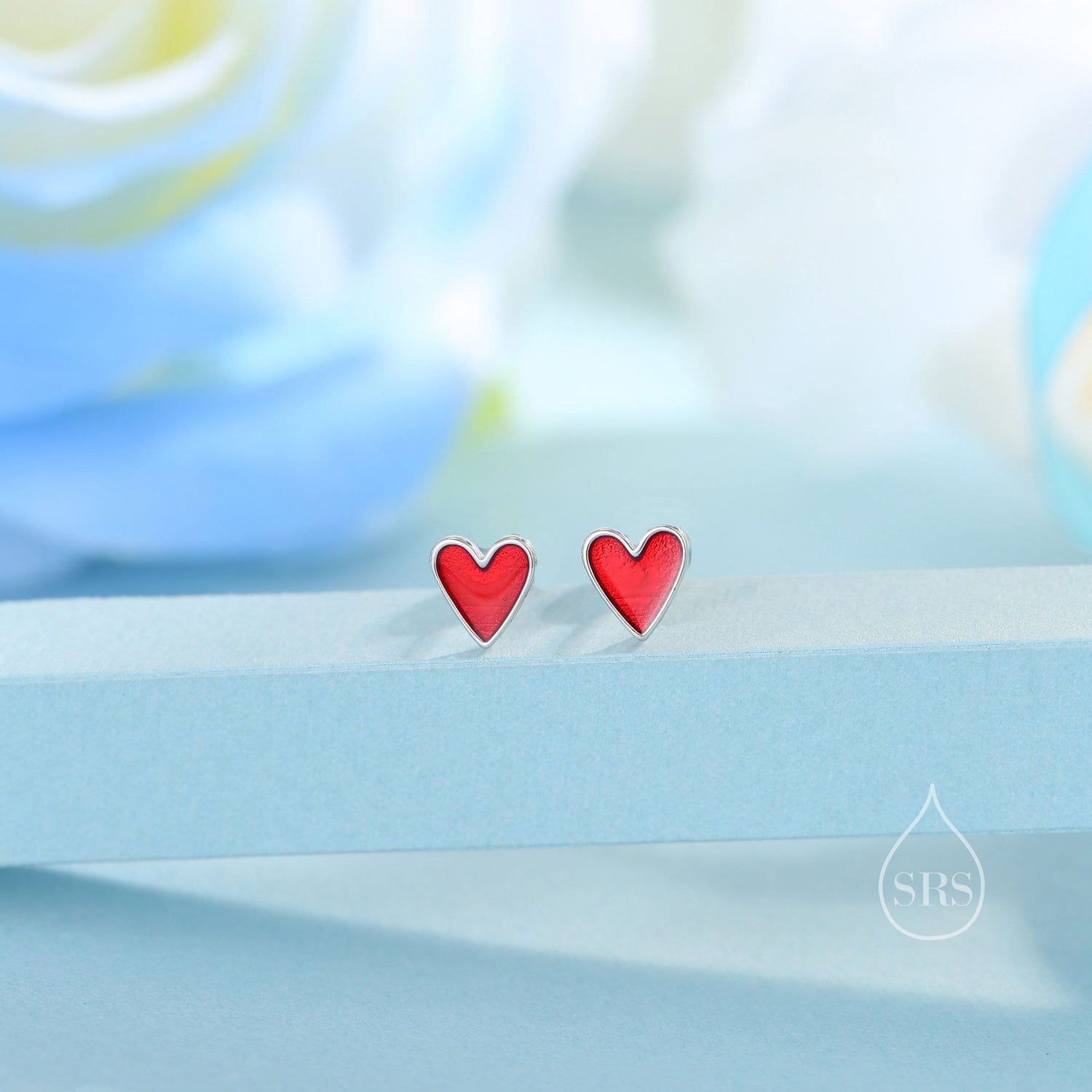 Red Enamel Glaze Heart Stud Earrings in Sterling Silver, Delicate Heart Earrings, Tiny Heart Earrings