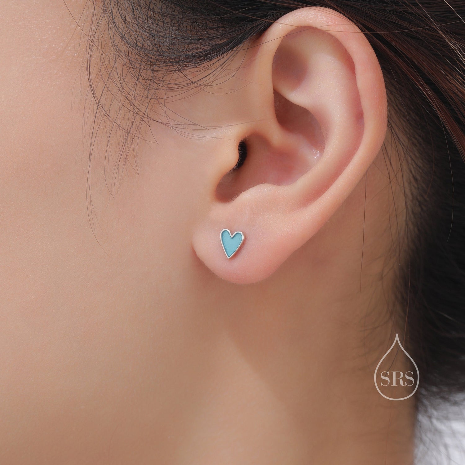 Aqua Blue Enamel Glaze Heart Stud Earrings in Sterling Silver, Delicate Heart Earrings, Tiny Heart Earrings