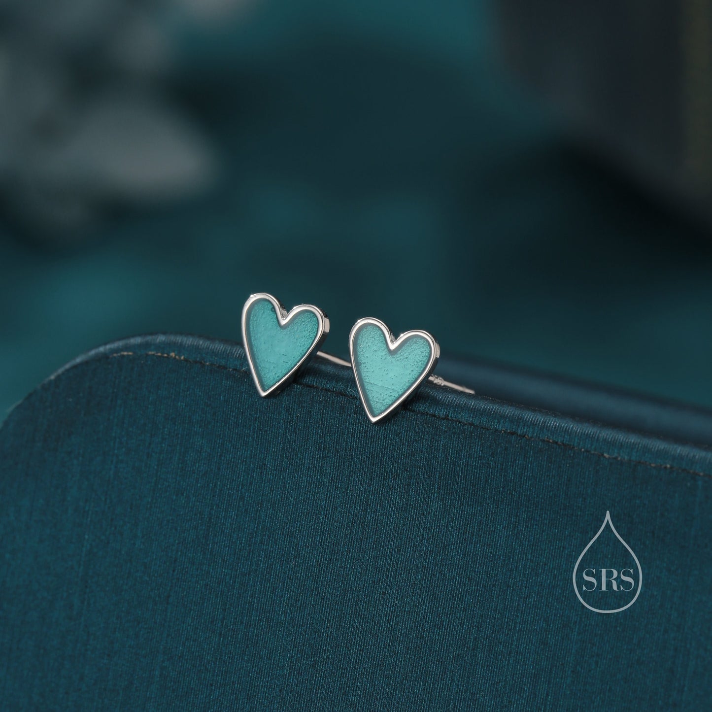 Aqua Blue Enamel Glaze Heart Stud Earrings in Sterling Silver, Delicate Heart Earrings,  Tiny Heart Earrings