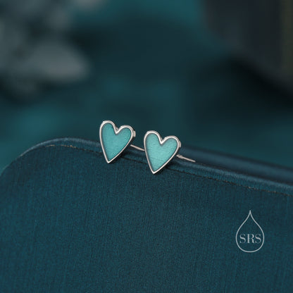 Aqua Blue Enamel Glaze Heart Stud Earrings in Sterling Silver, Delicate Heart Earrings,  Tiny Heart Earrings