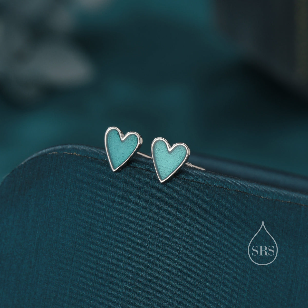 Aqua Blue Enamel Glaze Heart Stud Earrings in Sterling Silver, Delicate Heart Earrings, Tiny Heart Earrings