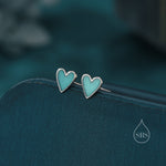 Aqua Blue Enamel Glaze Heart Stud Earrings in Sterling Silver, Delicate Heart Earrings, Tiny Heart Earrings