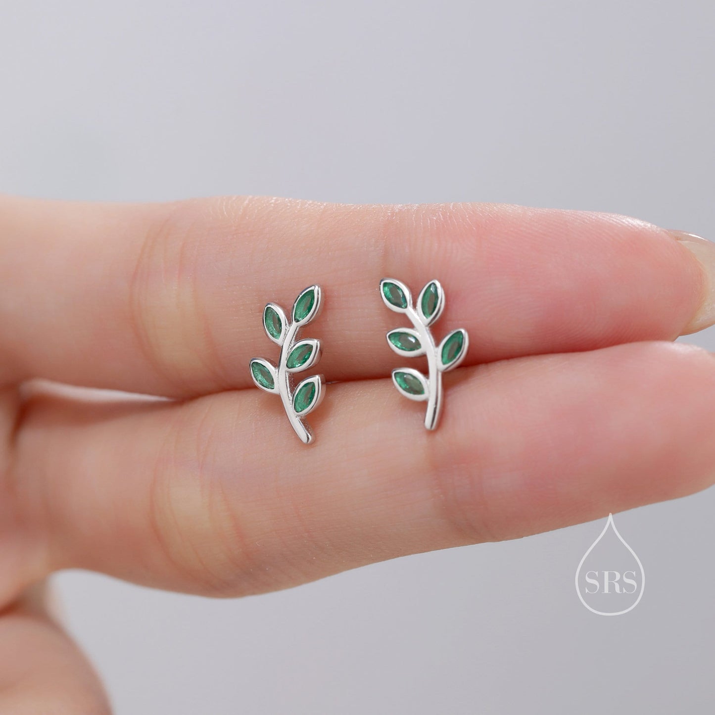 Emerald Green CZ Leaf Stud Earrings in Sterling Silver, Silver or Gold, Tiny Olive Branch Earrings, Olive Leaf  Earrings, Nature Inspired