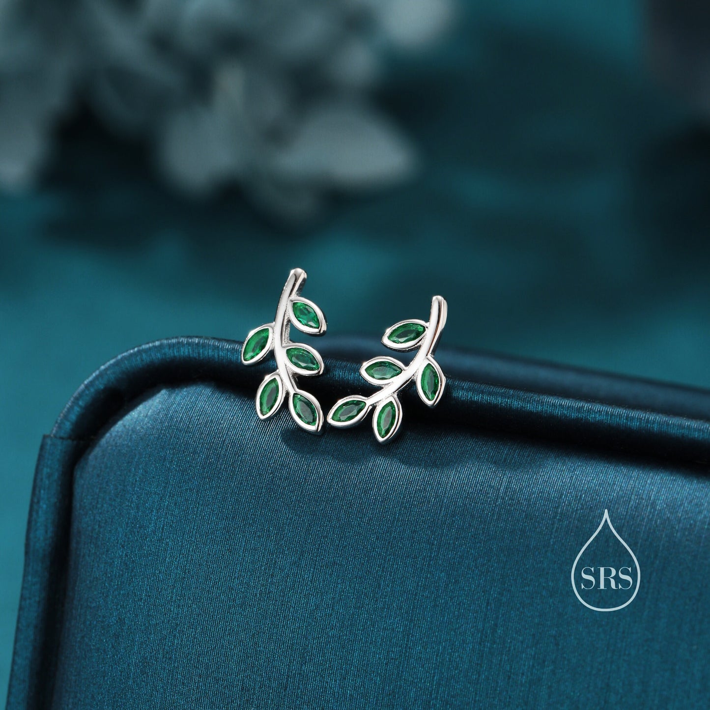 Emerald Green CZ Leaf Stud Earrings in Sterling Silver, Silver or Gold, Tiny Olive Branch Earrings, Olive Leaf  Earrings, Nature Inspired