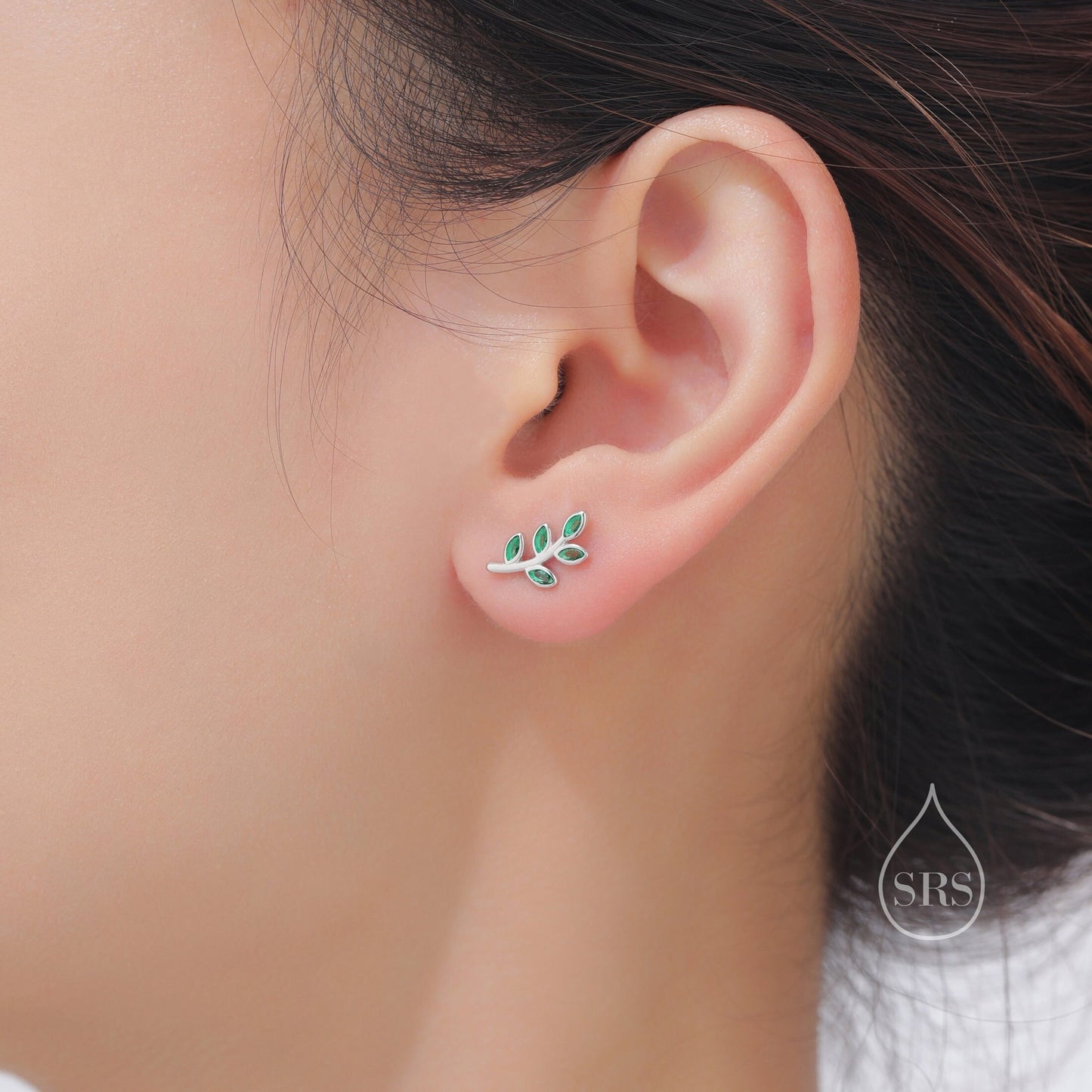 Emerald Green CZ Leaf Stud Earrings in Sterling Silver, Silver or Gold, Tiny Olive Branch Earrings, Olive Leaf  Earrings, Nature Inspired