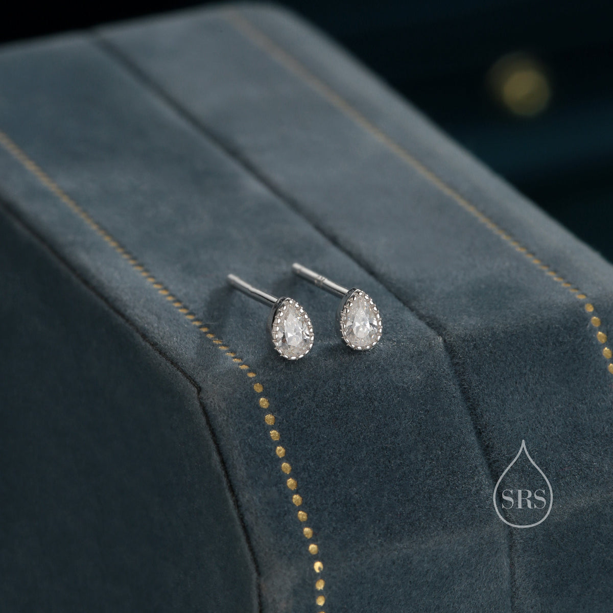 Tiny Droplet CZ Stud Earrings in Sterling Silver, Pear Cut CZ Stud Extra Tiny, Stacking Earrings, Dotted Bezel Vintage Inspired Design
