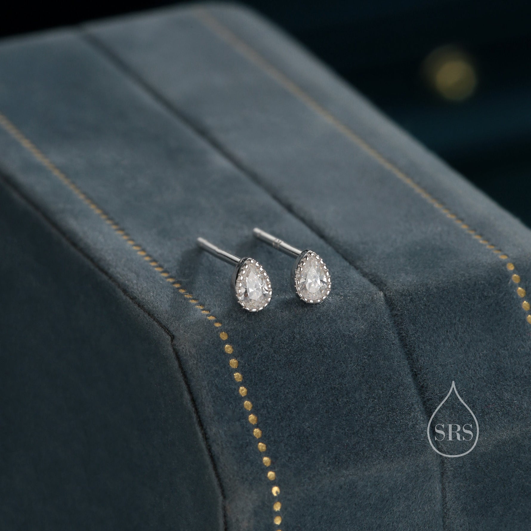 Tiny Droplet CZ Stud Earrings in Sterling Silver, Pear Cut CZ Stud Extra Tiny, Stacking Earrings, Dotted Bezel Vintage Inspired Design