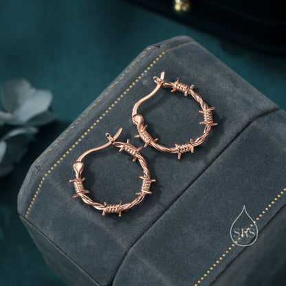 Sterling Silver Barbed Wire Hoops with Oxidised Finish, Silver, Gold or Rose Gold, Barbed Wire Earrings, Thorn Earrings,  Lever Hoops