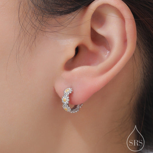 Daisy Flower Chain Huggie Hoop in Sterling Silver, Partial Gold Coated, Flower hoop Earrings, Floral Earrings, 10mm Inner Diameter