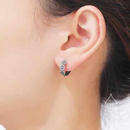 Oxidised Silver Daisy Flower Chain Huggie Hoop in Sterling Silver, Delicate Flower hoop Earrings, Floral Earrings, 10mm Inner Diameter