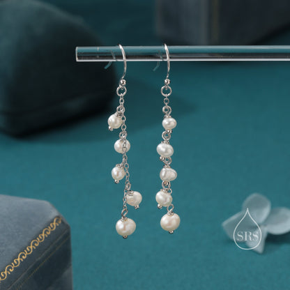 Natural Freshwater Pearl Cluster Drop Dangle Earrings in Sterling Silver, Silver or Gold or Rose Gold, Delicate Pearl Cascade Earrings