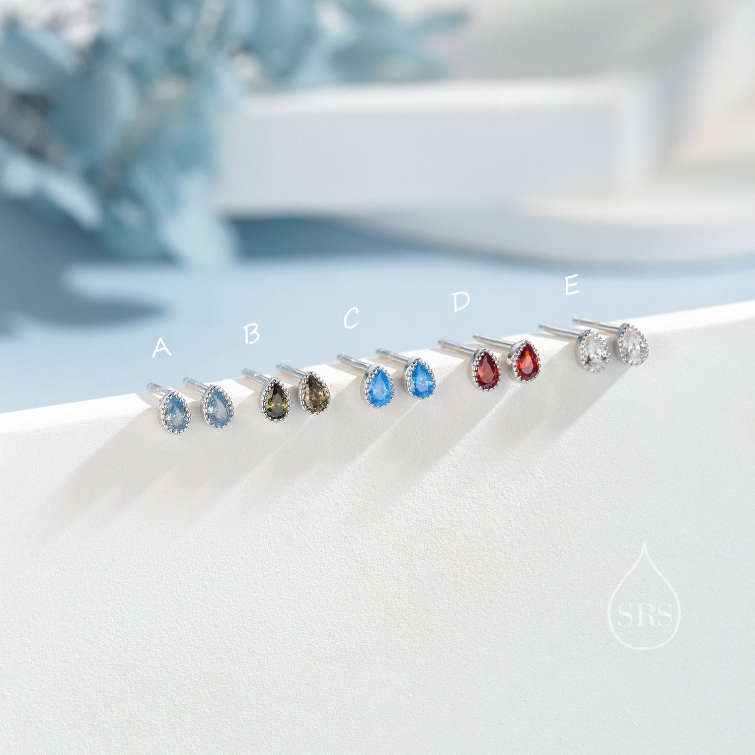 Tiny Droplet CZ Stud Earrings in Sterling Silver, Silver or Gold, Pear Cut CZ Stud Extra Tiny Dotted Bezel Vintage Inspired