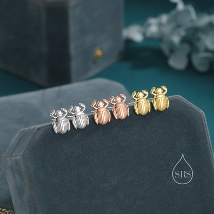 Tiny Scarab Beetle Stud Earrings in Sterling Silver, Silver or Gold or Rose Gold, Egyptian Scarab Beetle Earrings, Bugs Earrings, Bugs Stud