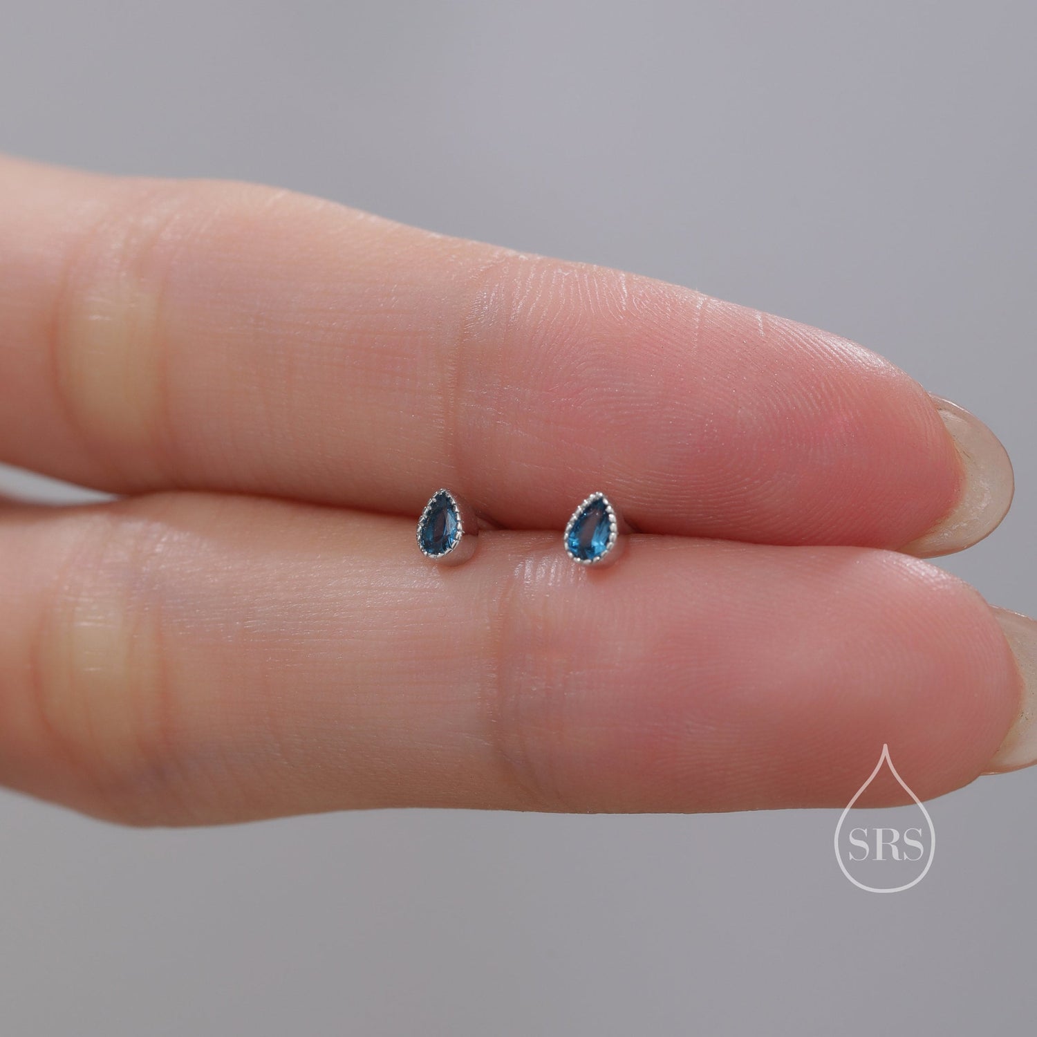 Tiny Droplet London Blue CZ Stud Earrings in Sterling Silver, Silver or Gold, Pear Cut CZ Stud  Extra Tiny Dotted Bezel Vintage Inspired