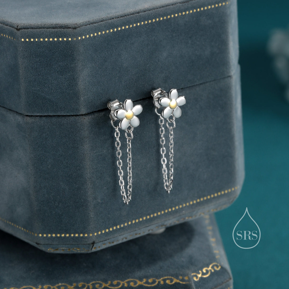 Daisy Chain Jacket Earrings in Sterling Silver, Daisy Flower with Dangle Chain Ear Jacket, Flower Front and Back Chain Earrings