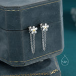 Daisy Chain Jacket Earrings in Sterling Silver, Daisy Flower with Dangle Chain Ear Jacket, Flower Front and Back Chain Earrings