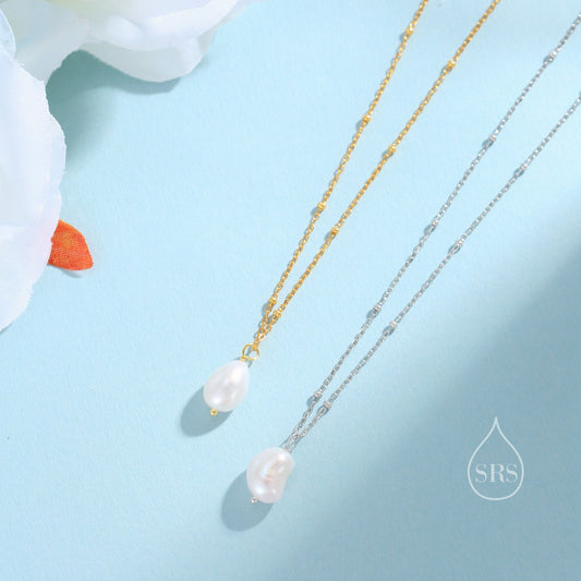 Delicate Genuine Baroque Pearl Pendant Necklace in Sterling Silver, Beaded Satellite Chain, Silver or Gold, Minimalist Pearl, One-of-a-kind