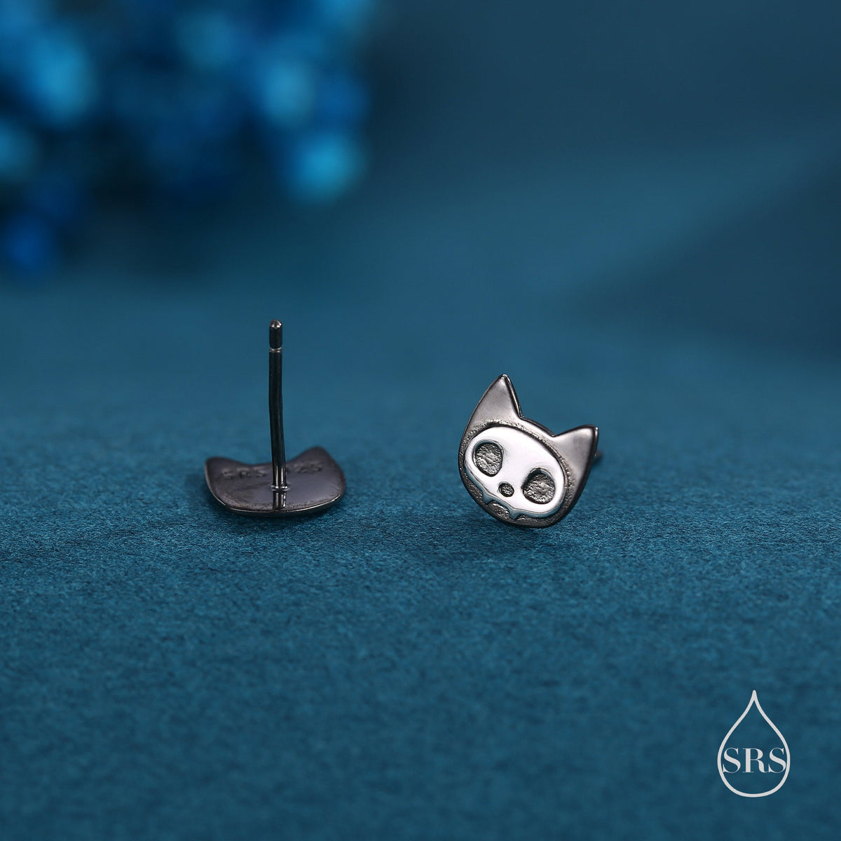 Cute Cat Skull Stud Earrings in Sterling Silver, Black Rhodium Partial Coated, Black Cat Stud Earrings in Sterling Silver