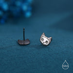 Cute Cat Skull Stud Earrings in Sterling Silver, Black Rhodium Partial Coated, Black Cat Stud Earrings in Sterling Silver