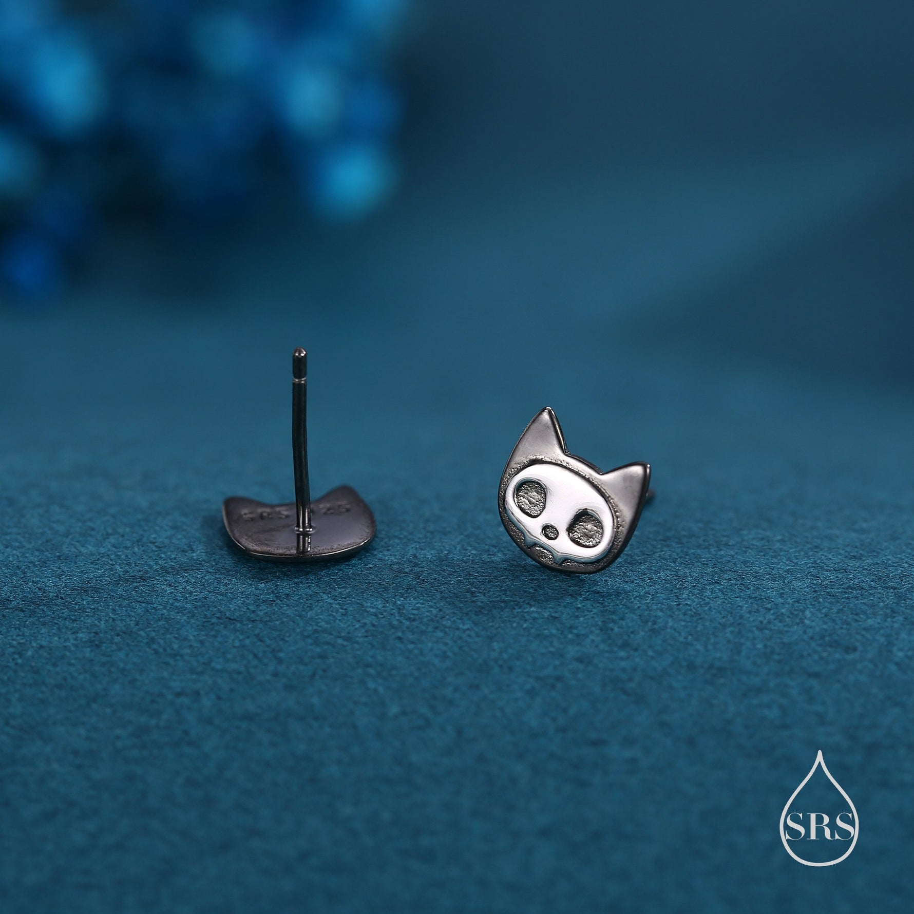 Cute Cat Skull Stud Earrings in Sterling Silver, Black Rhodium Partial Coated, Black Cat Stud Earrings in Sterling Silver
