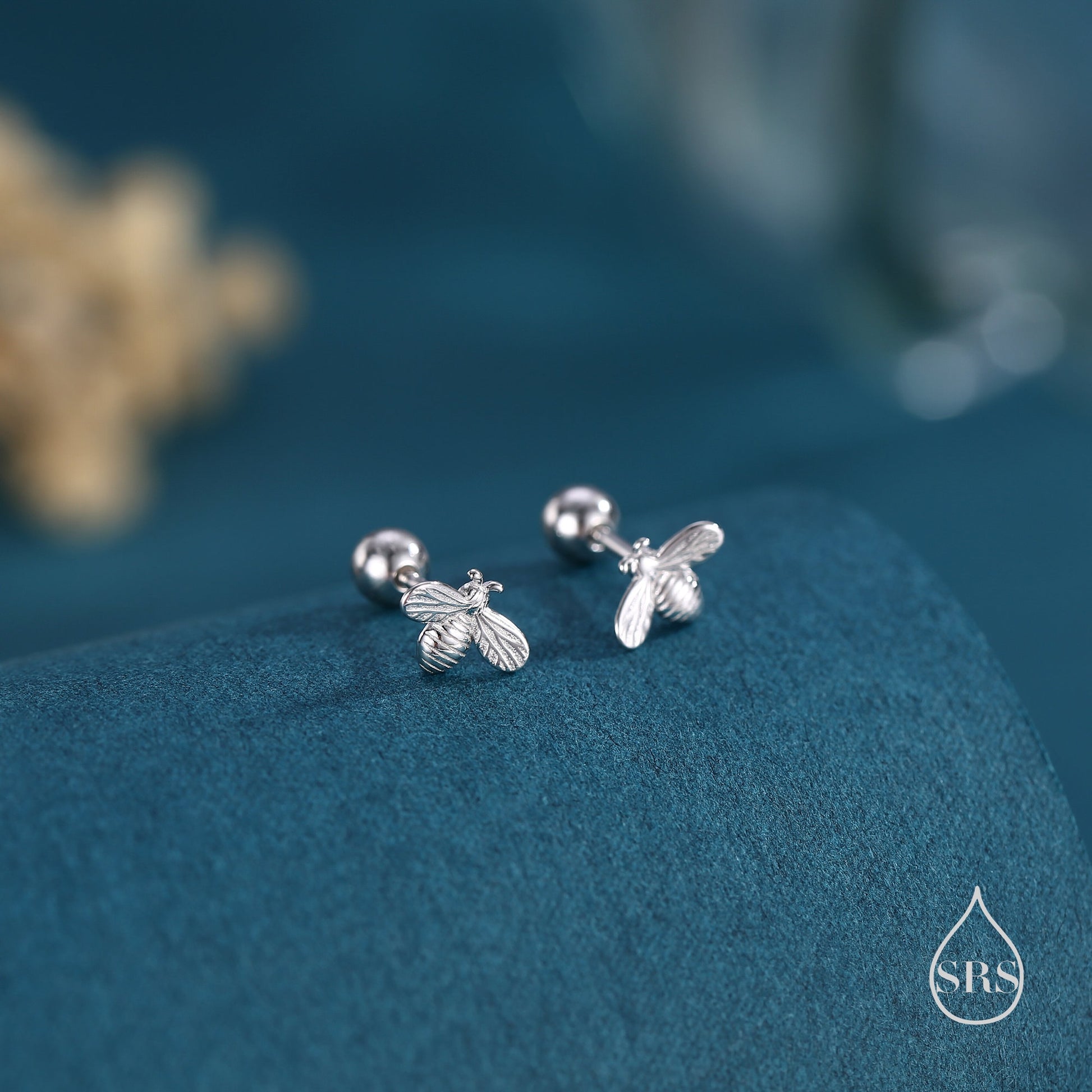 Tiny Bumble Bee Internally Threaded Flat Back/Screw back(Barbell)/ Stud Earrings in Sterling Silver, Piercing Jewellery, Bee Earrings