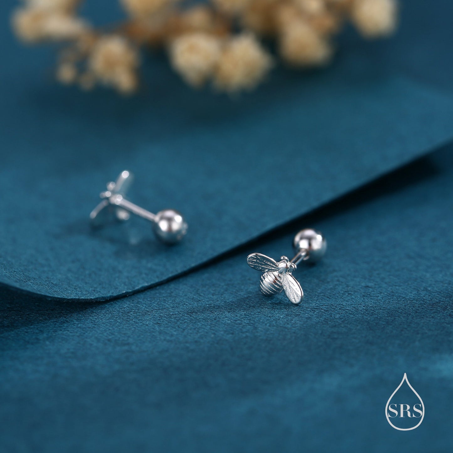 Tiny Bumble Bee Internally Threaded Flat Back/Screw back(Barbell)/ Stud Earrings in Sterling Silver, Piercing Jewellery, Bee Earrings