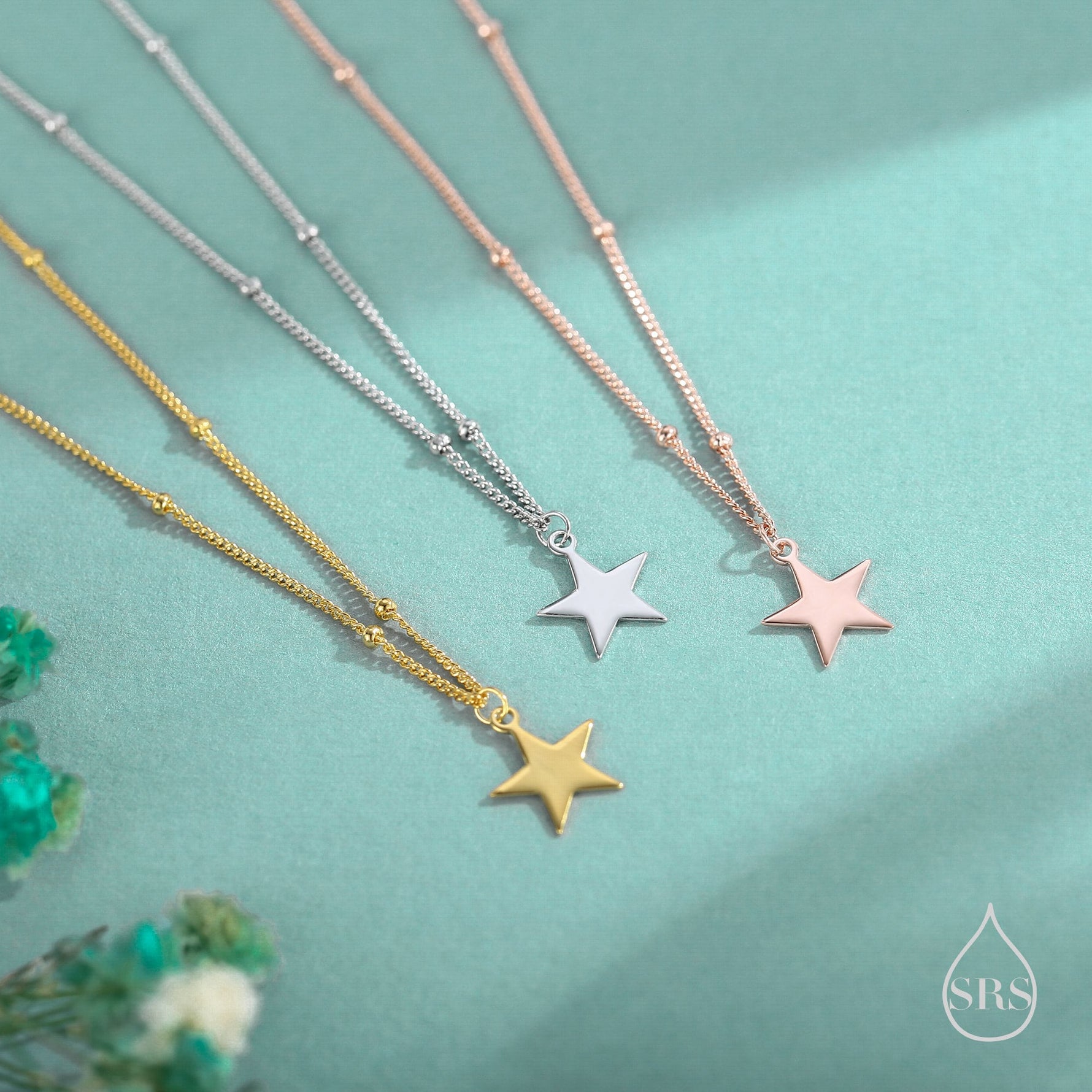 Delicate Star Pendant Necklace in Sterling Silver with a Satellite Chain, Silver or Gold or Rose Gold, Tiny Star Necklace
