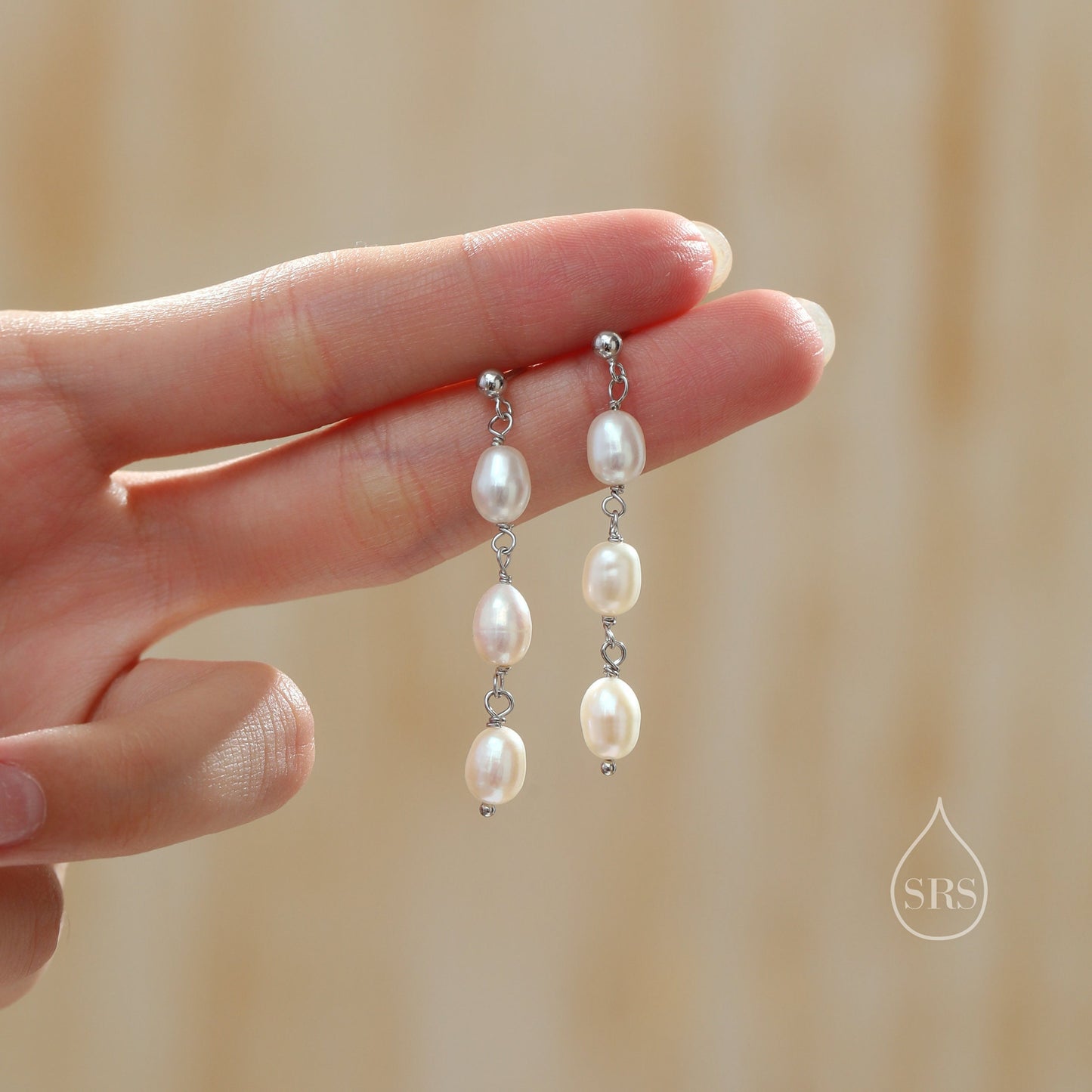 Genuine Freshwater Pearl Trio Drop Earrings in Sterling Silver, Delicate Oval Pearl Cascade Dangle Earrings, Silver or Gold