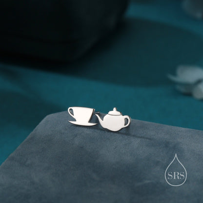 Mismatched Teapot and Tea Stud Earrings in Sterling Silver, Silver or Gold or Rose Gold, Asymmetric Teacup Earrings,