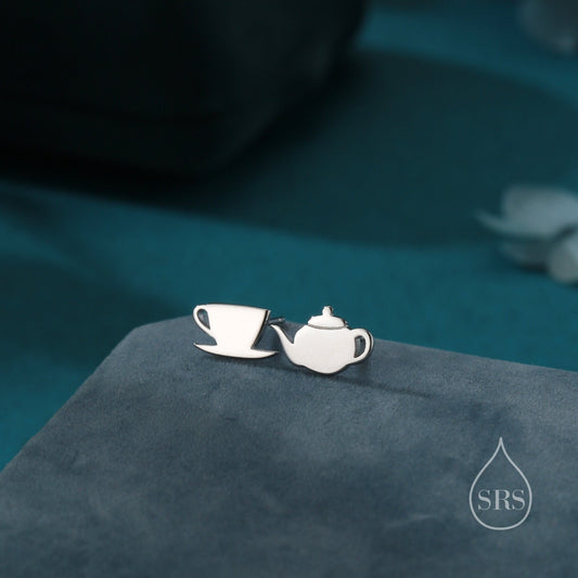 Mismatched Teapot and Tea Stud Earrings in Sterling Silver, Silver or Gold or Rose Gold, Asymmetric Teacup Earrings,