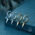 Sterling Silver Tiny Spike Huggie Hoops, Silver or Gold, Small Dangle Cone Spike Hoop Earrings, Geometric Minimalist Earrings