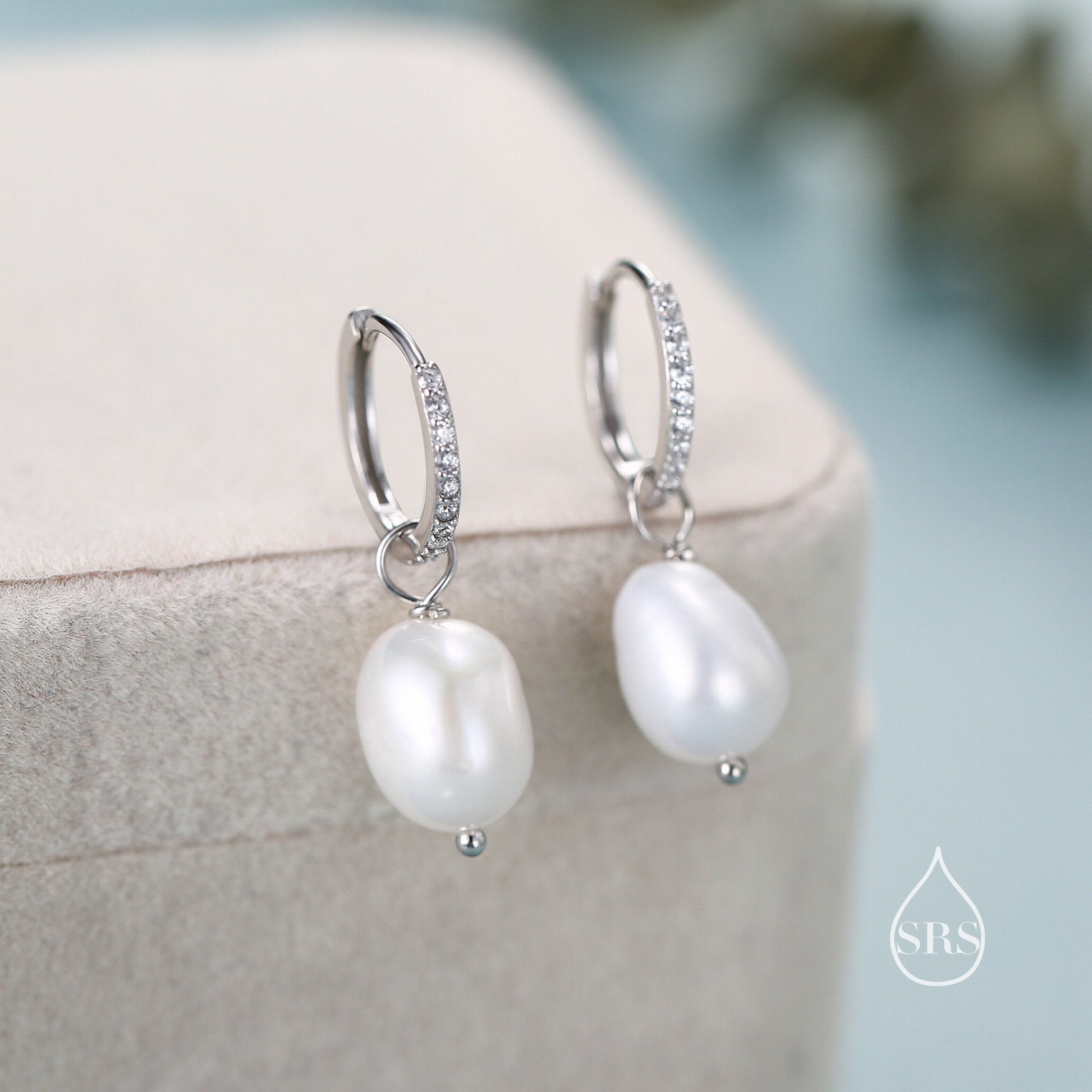 CZ Crystal Huggie Hoop Earrings in Sterling Silver with Detachable Pearl Charms, Genuine Freshwater Baroque Pearls, Real Pearls