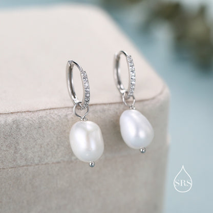 CZ Crystal Huggie Hoop Earrings in Sterling Silver with Detachable Pearl Charms, Genuine Freshwater Baroque Pearls, Real Pearls