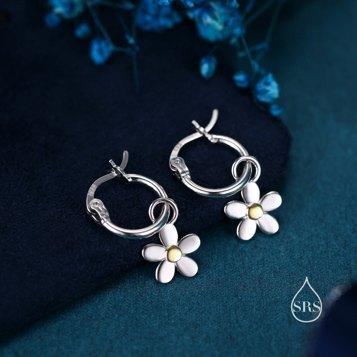 Daisy Dangle Drop Huggie Hoop in Sterling Silver, Partial Gold, Flower hoop Earrings, Forget Me Not Floral Earrings, 8mm Inner Diameter