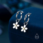 Daisy Dangle Drop Huggie Hoop in Sterling Silver, Partial Gold, Flower hoop Earrings, Forget Me Not Floral Earrings, 8mm Inner Diameter