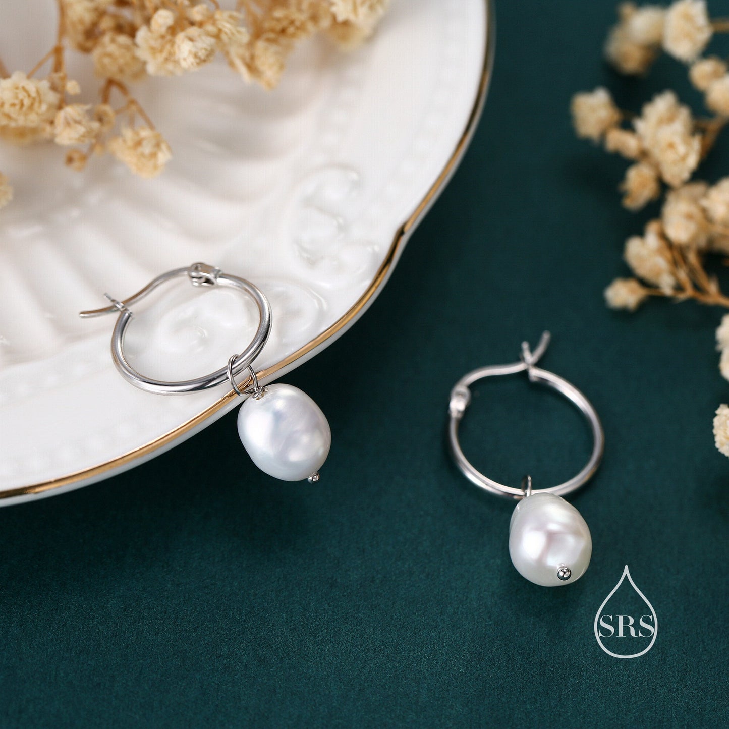 Pair of Plain Huggie Hoop Earrings in Sterling Silver with Detachable Baroque Pearl Charms, Two Sizes Available, Simple Hoop Earrings