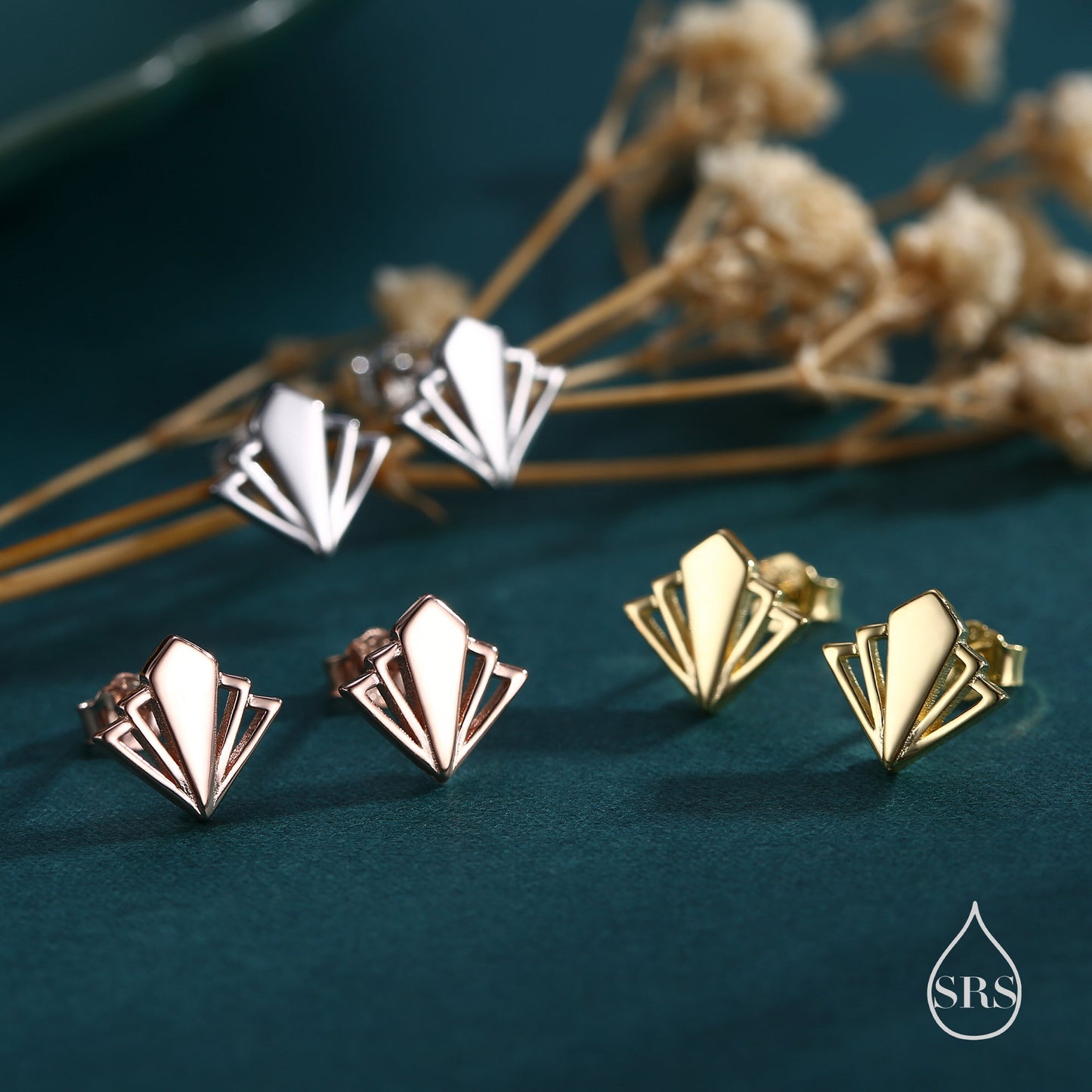 Art Deco Inspired Small Stud Earrings in Sterling Silver, Silver or Gold or Rose Gold, Tiny and Delicate Rhombus Earrings, Art Deco Style