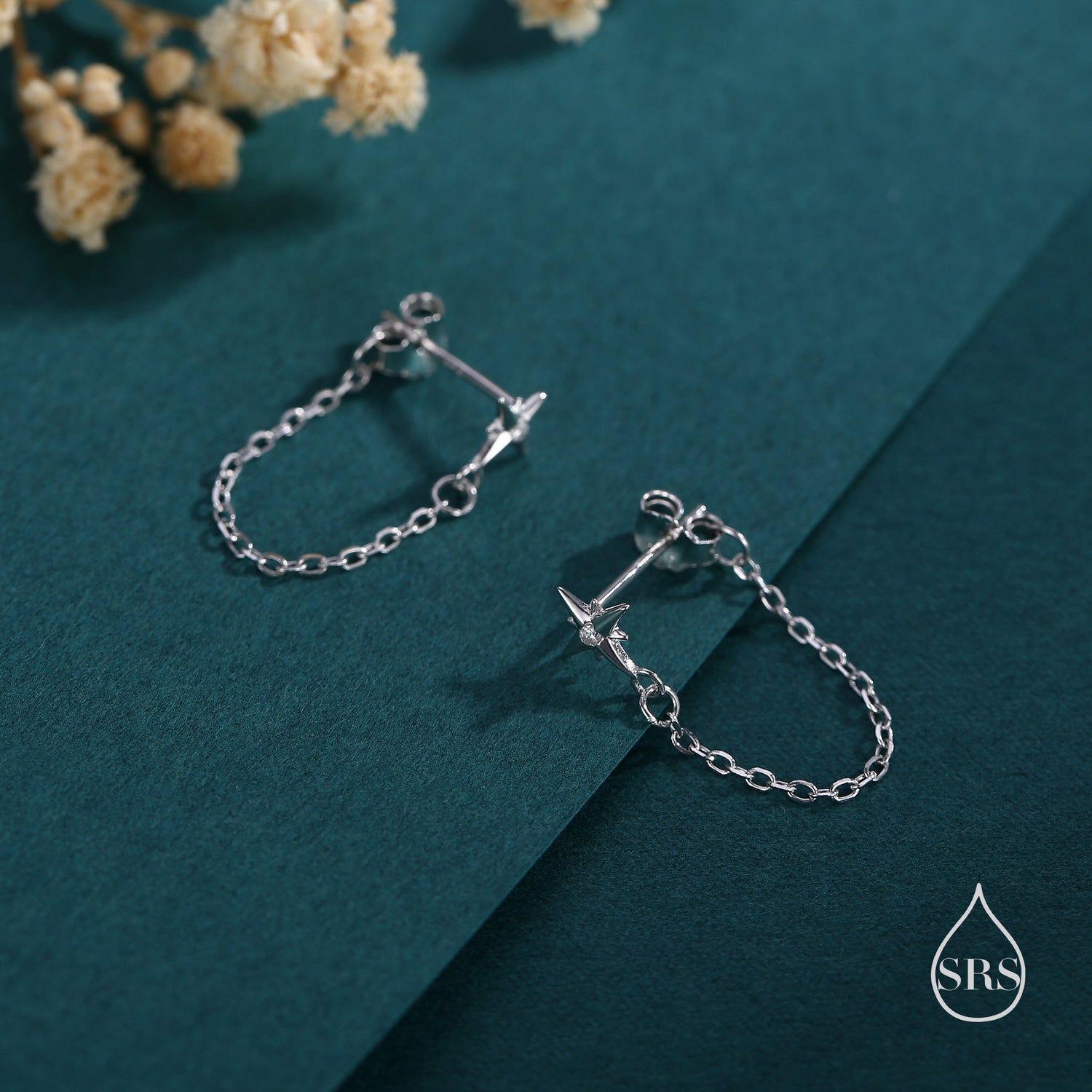 Starburst CZ Dangle Chain Stud Earrings in Sterling Silver, Silver, Gold, North Star Earrings, Star Ear Jacket, Star Earrings