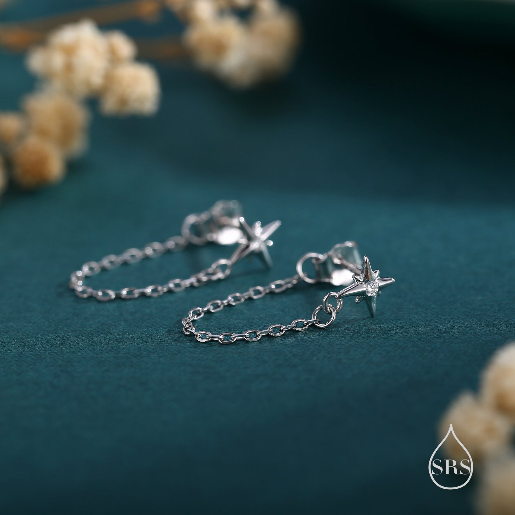 Starburst CZ Dangle Chain Stud Earrings in Sterling Silver, Silver, Gold, North Star Earrings, Star Ear Jacket, Star Earrings