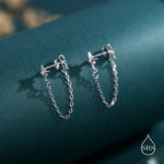 Starburst CZ Dangle Chain Stud Earrings in Sterling Silver, Silver, Gold, North Star Earrings, Star Ear Jacket, Star Earrings