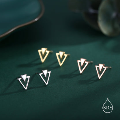 Art Deco Style Tiny Double Triangle Stud Earrings in Sterling Silver,  Silver or Gold or Rose Gold, Cut Out Triangle Jacket Earrings